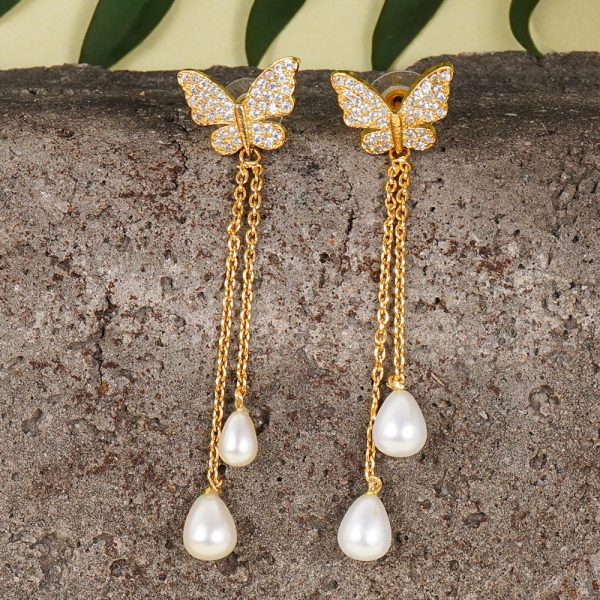 Gold Plated Cz Pearl Butterfly Earrings