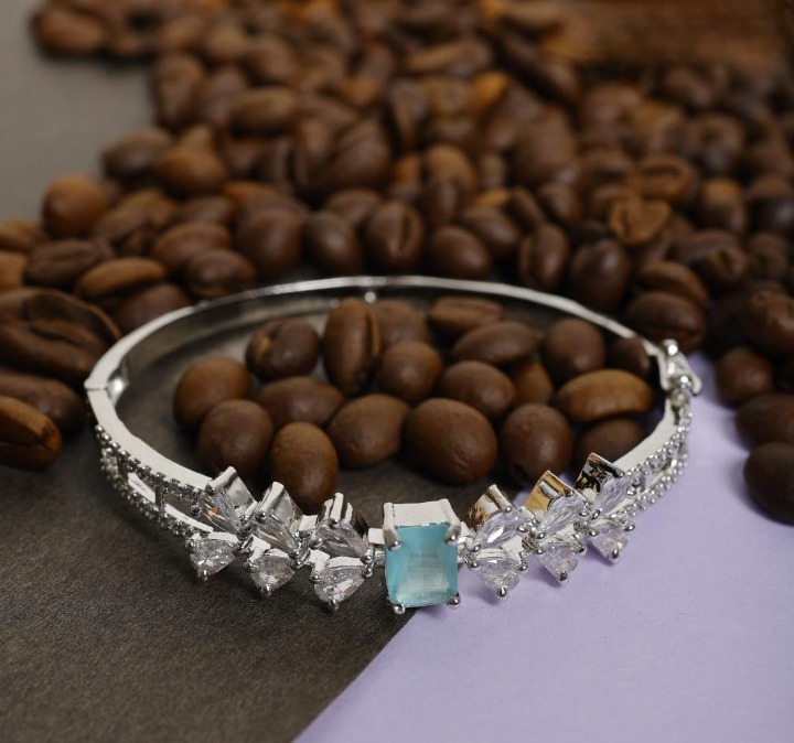 Beautiful Oval Shape Mint Green AD Stone Silver Plated Bracelet for Women & Girls