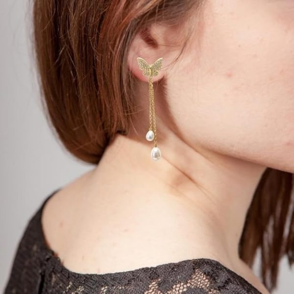 Gold Plated Cz Pearl Butterfly Earrings - Image 3