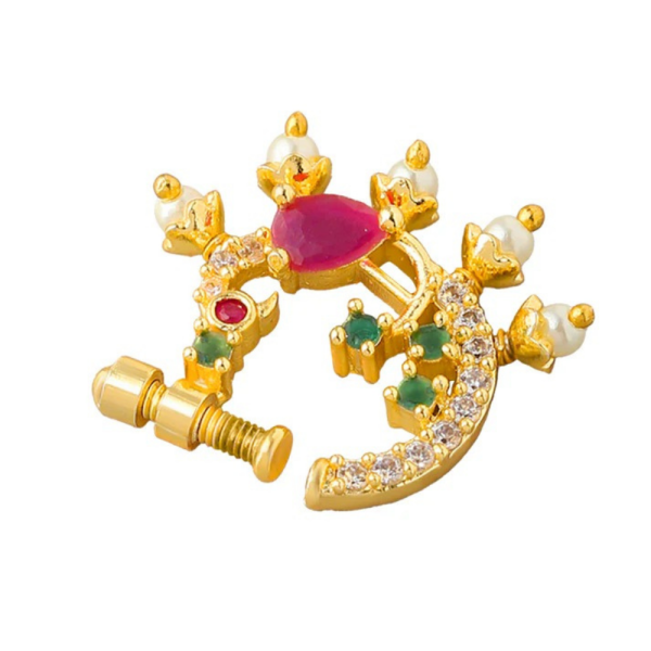 Gold Plated CZ Stone Maharashtrian Nose Rings with Pearls for Women & Girls - Image 4