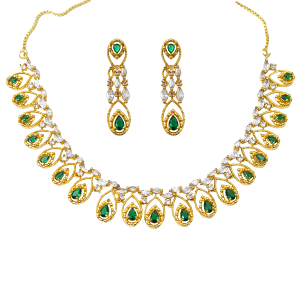 Elegant Gold Plated CZ Green Stone Necklace Set with Matching Earrings – Traditional & Festive Jewelry for Women - Image 2