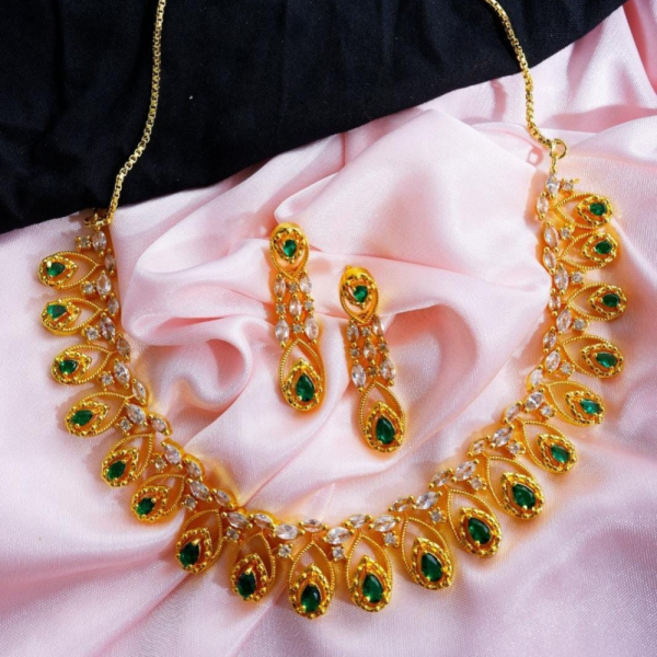 Elegant Gold Plated CZ Green Stone Necklace Set with Matching Earrings – Traditional & Festive Jewelry for Women