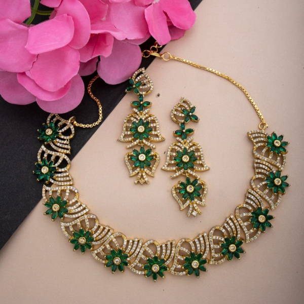 Trendy Rose Gold CZ Stone Necklace with Earrings | Bridal & Festive Jewellery Set